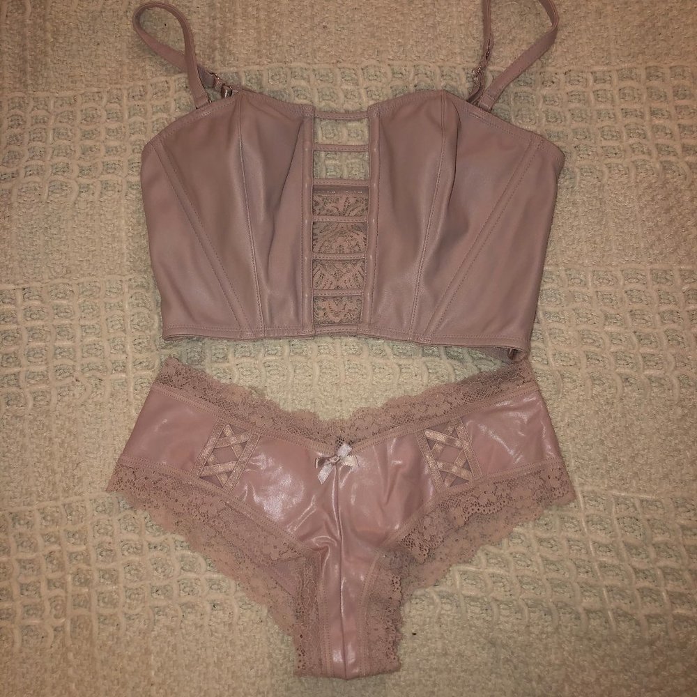 VS Faux Leather Lace Bra Top + Panties Small